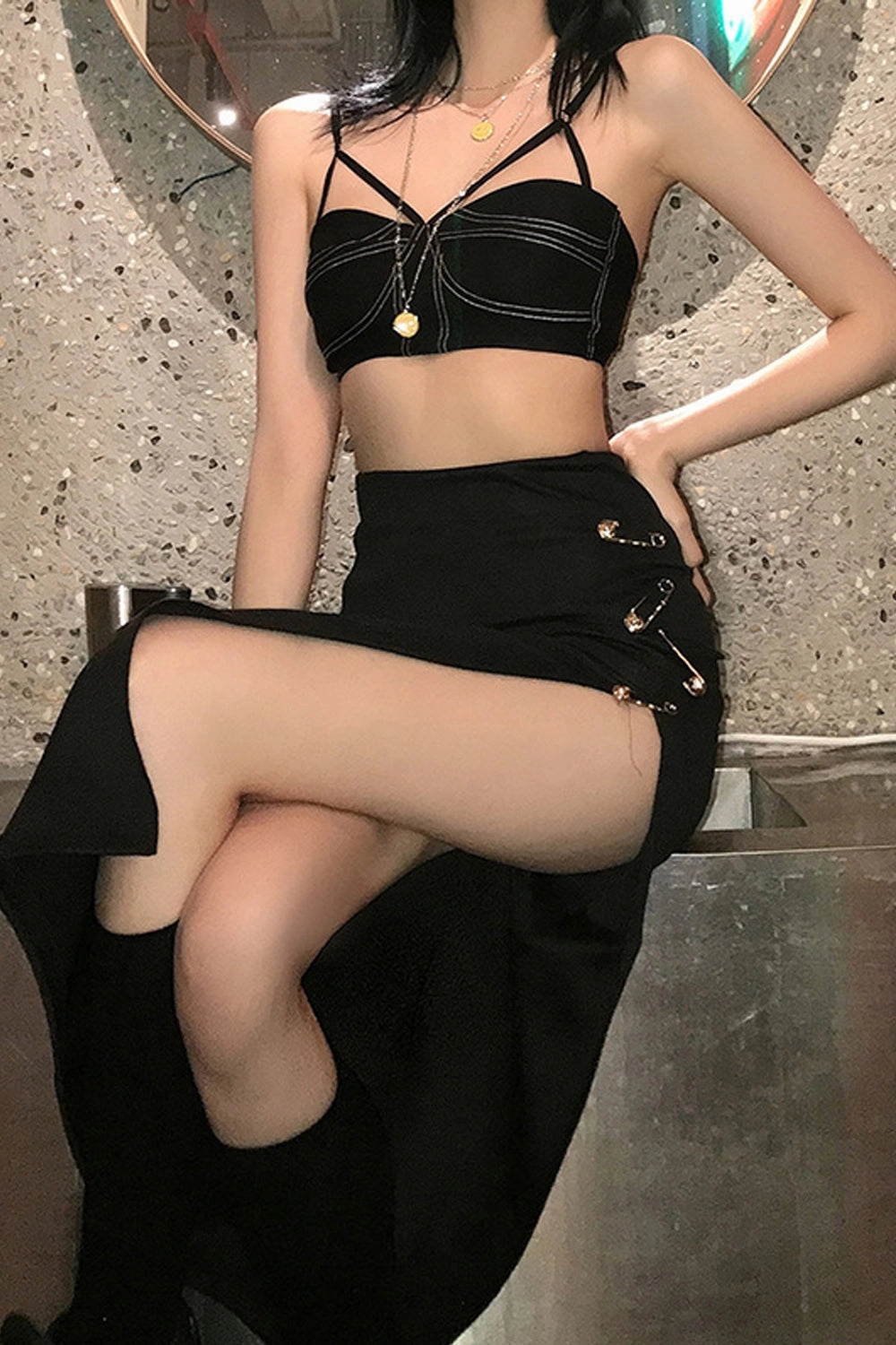 KittenAlarm - High Waist Pins Buckle Long Split Skirt