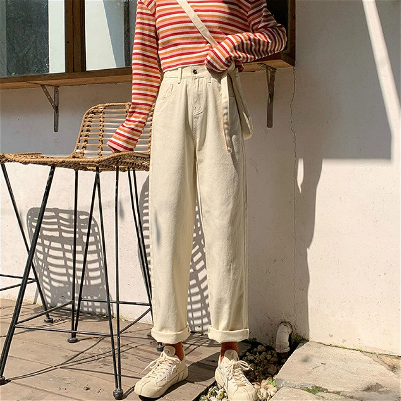 KittenAlarm - High Waist Retro Simple Long Jeans Pants