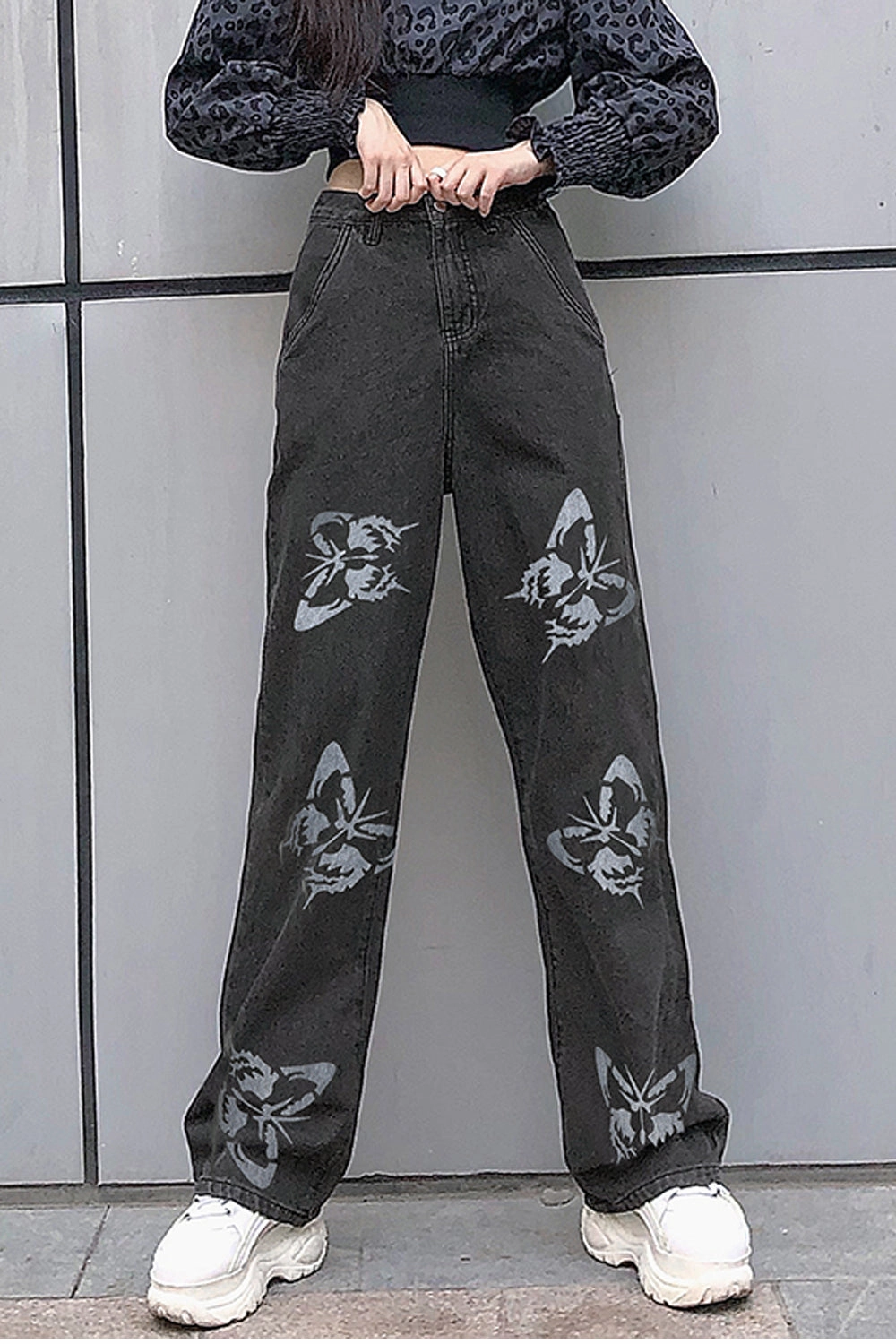 KittenAlarm - High Waist Wide Leg Butterfly Pattern Jeans Pants