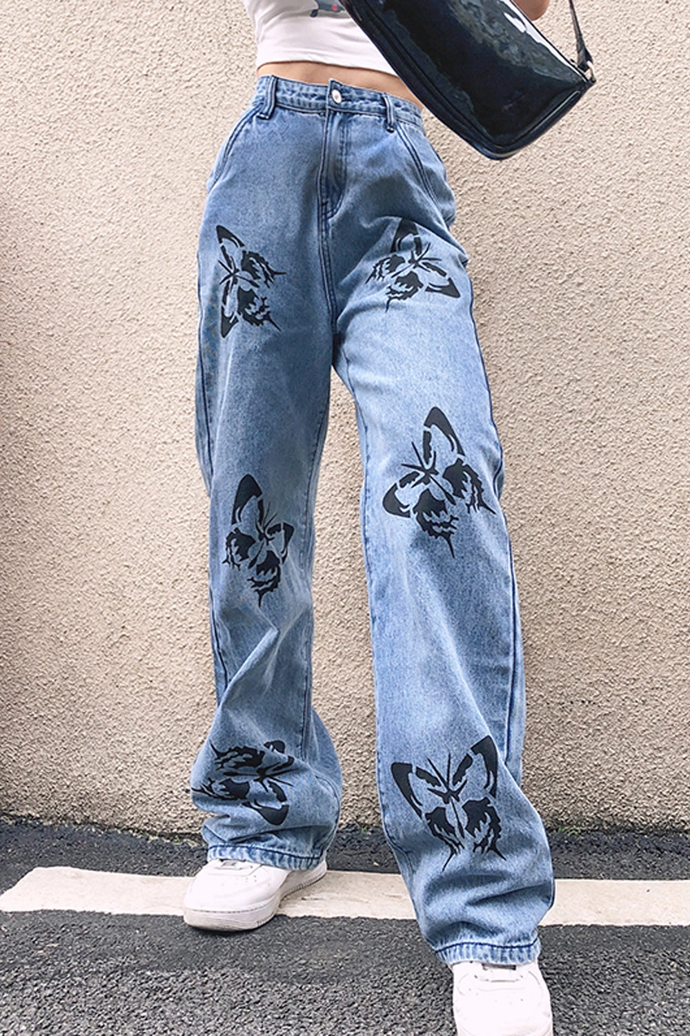 KittenAlarm - High Waist Wide Leg Butterfly Pattern Jeans Pants