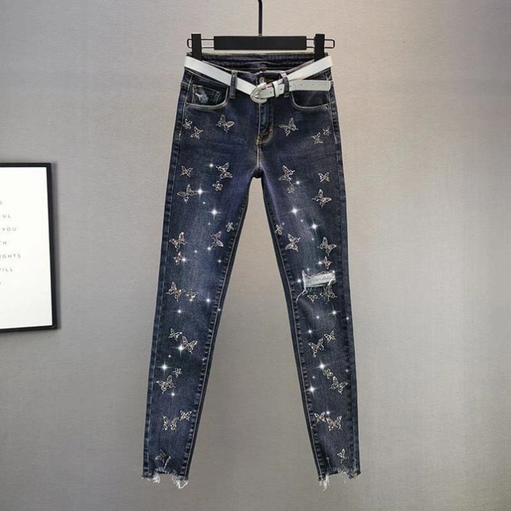 KittenAlarm - Hot Sales High Waist Jeans Women Beading Butterfly Fashion Ripped Jeans Casual Plus size Stretch Jeans Female Washed Denim Pencil Pants