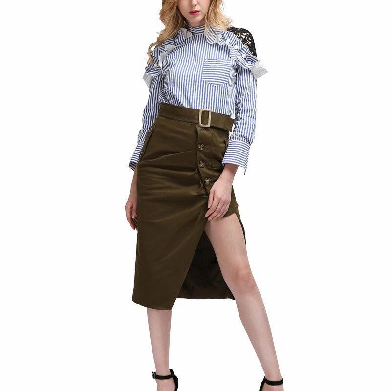 KittenAlarm - Jamya Belted Midi Hollow Out Hem Skirt