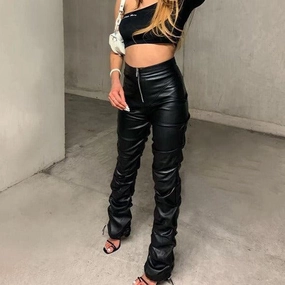 KittenAlarm - Katelyn Solid Ruched Leather Pants