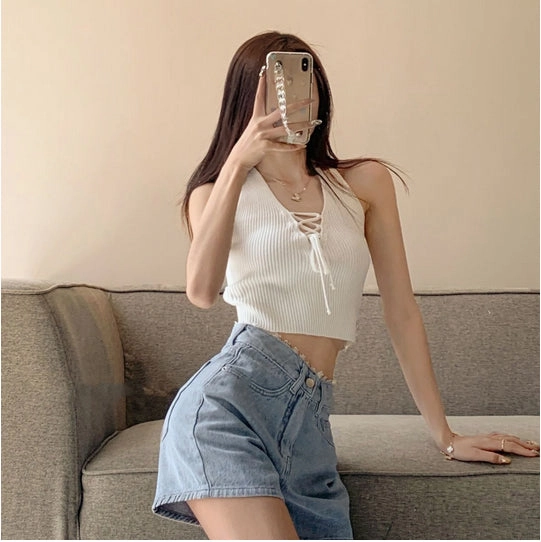 KittenAlarm - Lace Waist Denim Shorts Jeans