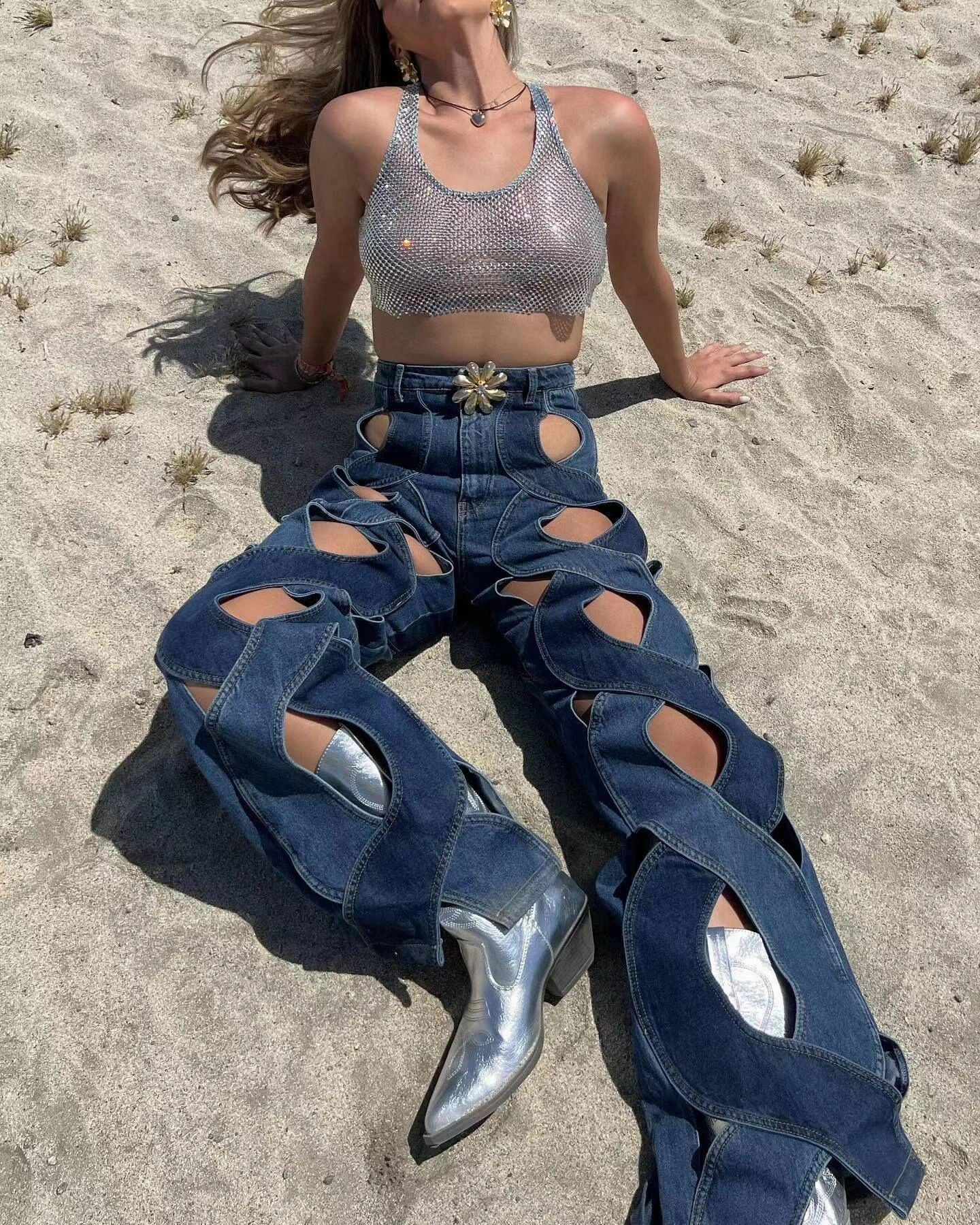 KittenAlarm - Lacey Cutout Hollow Out Denim Pants