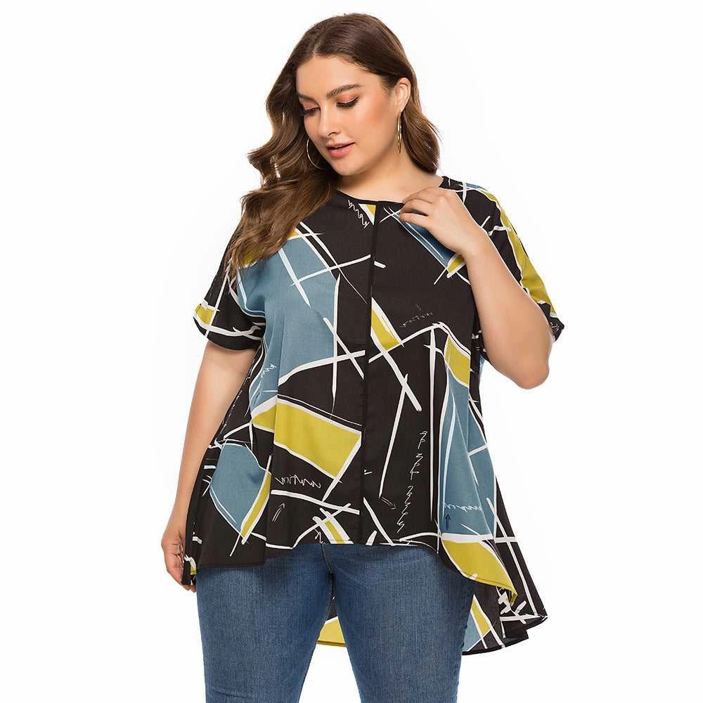 KittenAlarm - Large Size Women's Loose Geometric Print Short Sleeves T-shirt