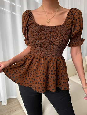 KittenAlarm - Leopard Print Puff Sleeve Shirred Peplum Top