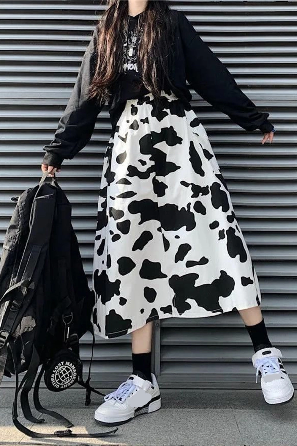 KittenAlarm - Loose Cow Printed Mid Calf Skirts