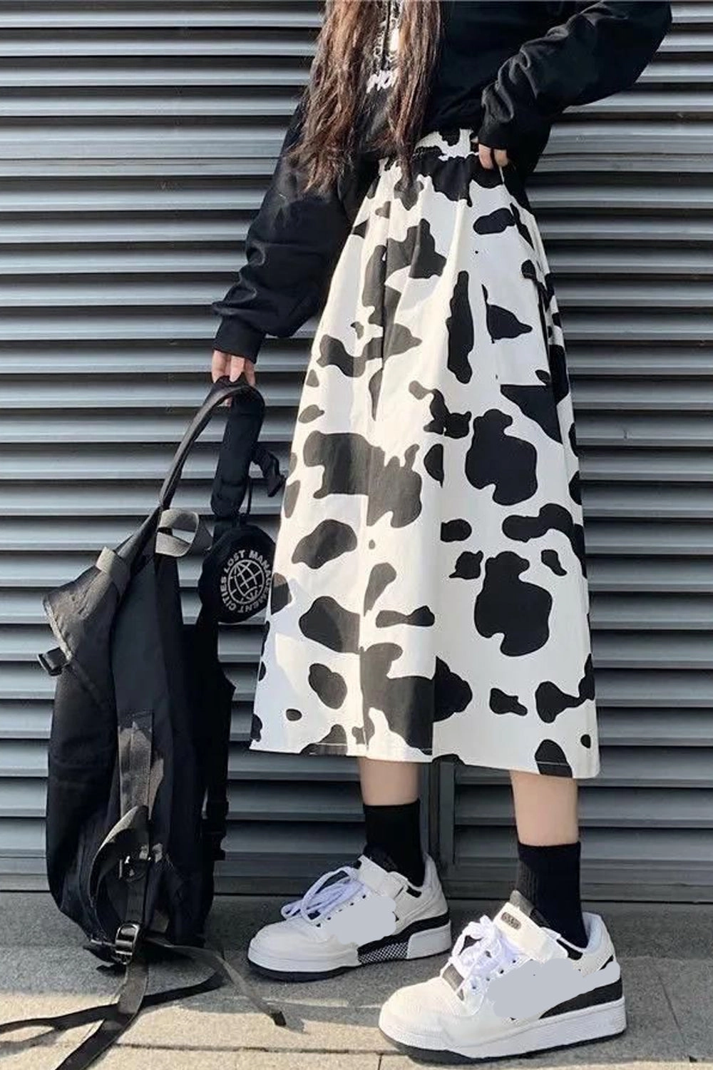 KittenAlarm - Loose Cow Printed Mid Calf Skirts