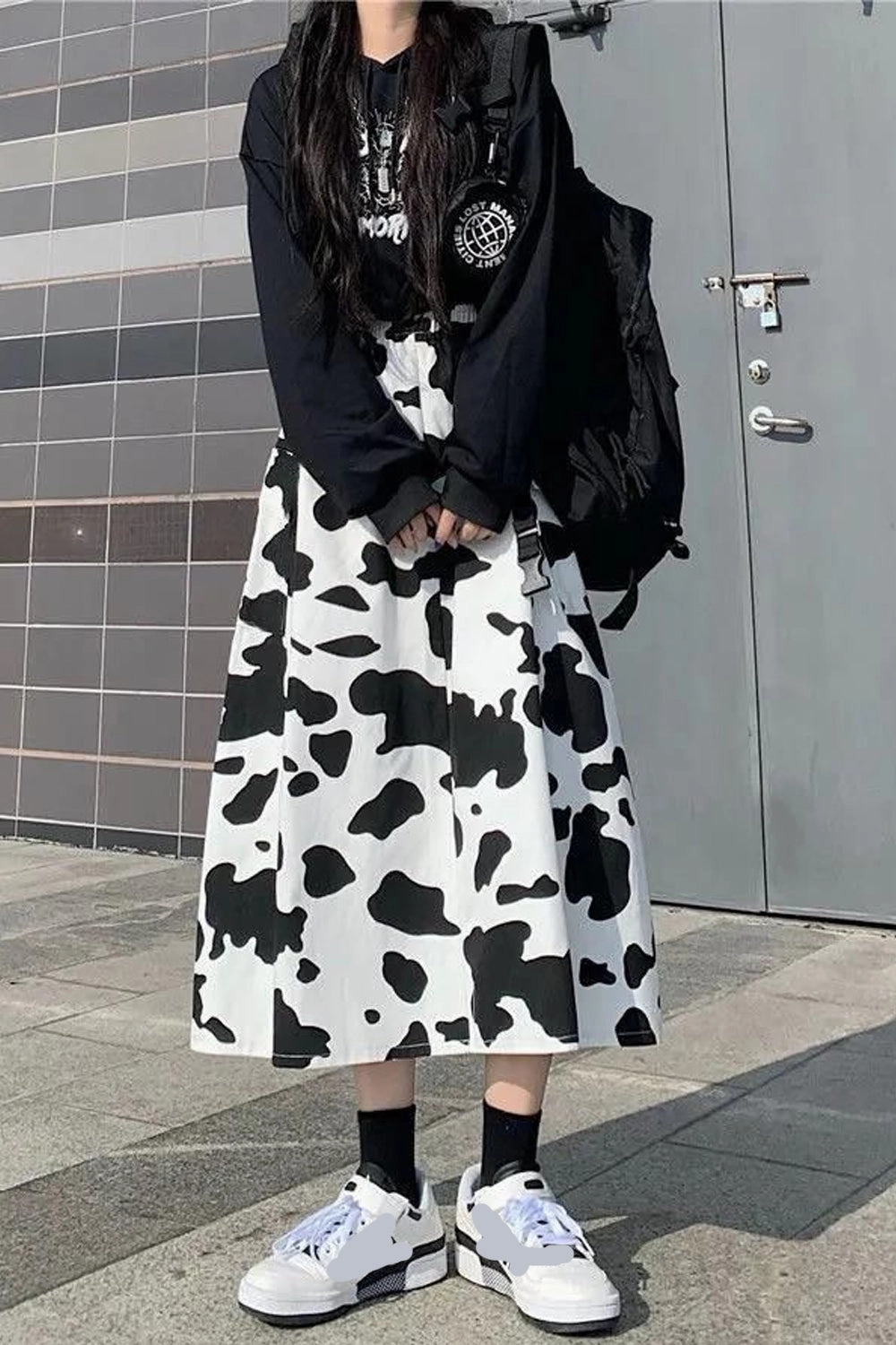 KittenAlarm - Loose Cow Printed Mid Calf Skirts