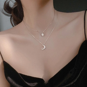 KittenAlarm - Lottie 2-piece Sterling Silver Star Moon Necklace
