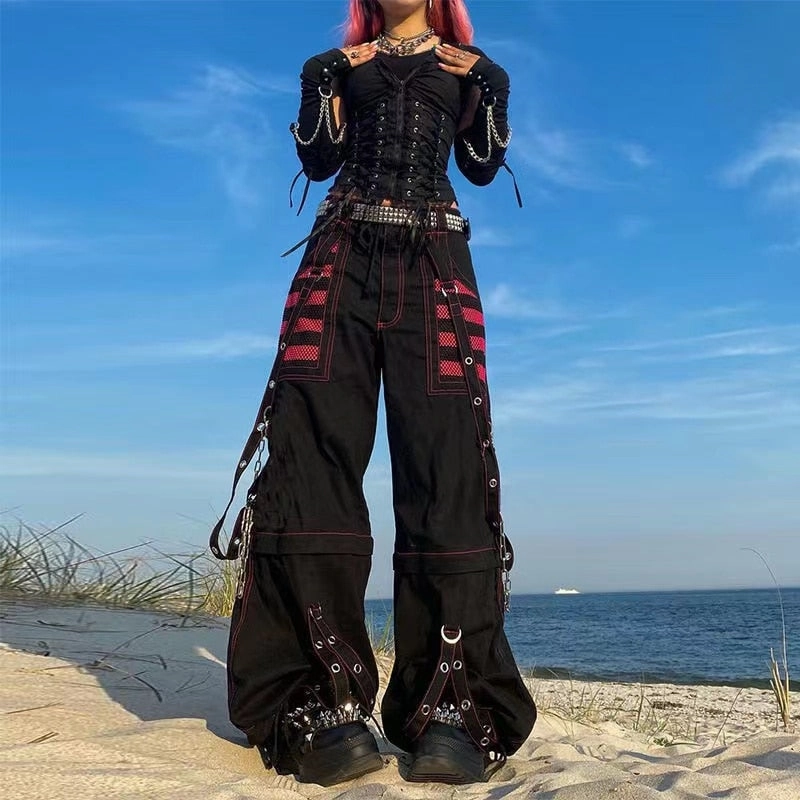 KittenAlarm - Mojoyce Dark Academia Jogging Femme Oversize Chain Bandage  Trousers Streetwear 90S Y2K Gothic Cargo Pants Woman Wide Leg Pants Punk