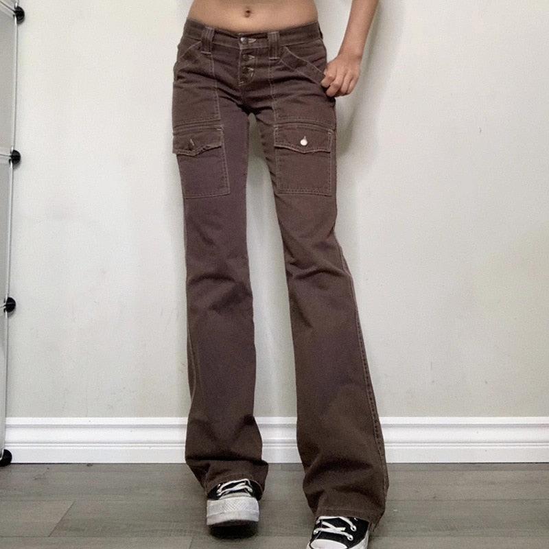KittenAlarm - Mojoyce  Dourbesty Y2K Indie Aesthetics Vintage Low Waist Pants 2000S Low Rise Flare Jeans Grunge Fairy Retro Denim Trousers With Pockets