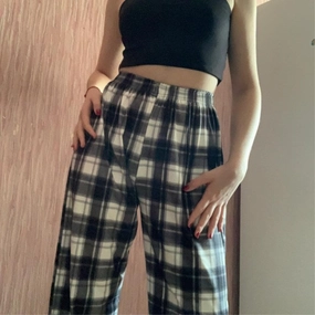 KittenAlarm - Mojoyce Fashion Wide Leg Pants Womens Hot Sale Summer Fall Chic High Waist Streetwear Vintage Plaid Pants Casual Female Trousers