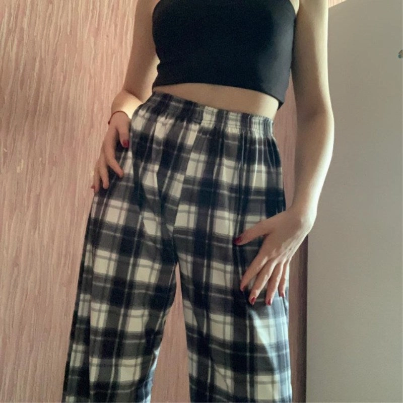 KittenAlarm - Mojoyce Fashion Wide Leg Pants Womens Hot Sale Summer Fall Chic High Waist Streetwear Vintage Plaid Pants Casual Female Trousers