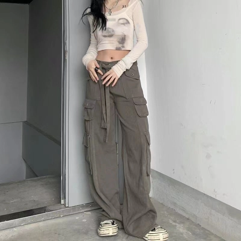 KittenAlarm - Mojoyce Hot Girl Cargo Pants Woman Elastic High Waist Big Pockets Trousers  Y2K Streetwear Hip Hop Drawstring Retro Baggy Jeans Femme
