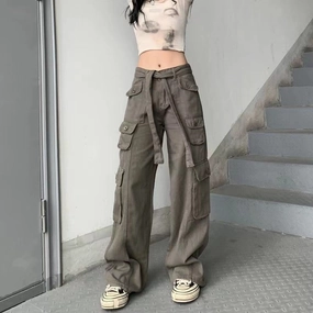 KittenAlarm - Mojoyce Hot Girl Cargo Pants Woman Elastic High Waist Big Pockets Trousers  Y2K Streetwear Hip Hop Drawstring Retro Baggy Jeans Femme