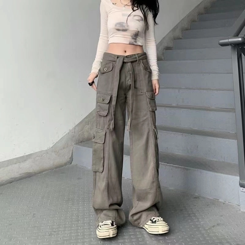 KittenAlarm - Mojoyce Hot Girl Cargo Pants Woman Elastic High Waist Big Pockets Trousers  Y2K Streetwear Hip Hop Drawstring Retro Baggy Jeans Femme