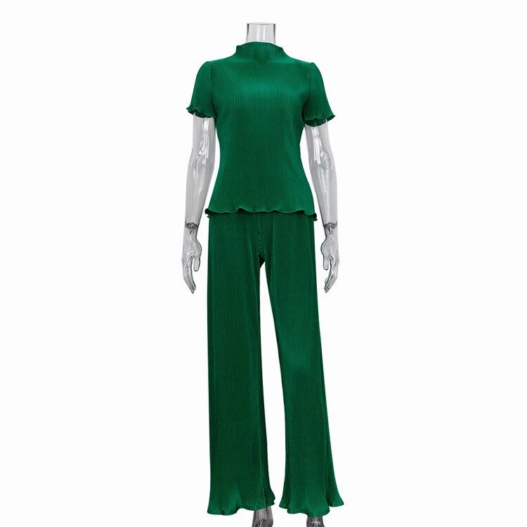 KittenAlarm - Mojoyce New French Pleated Women's Set Slim T-Shirt High Waist Wide Leg Pants Set Ladies Blue Elegant Suit Casual Summer