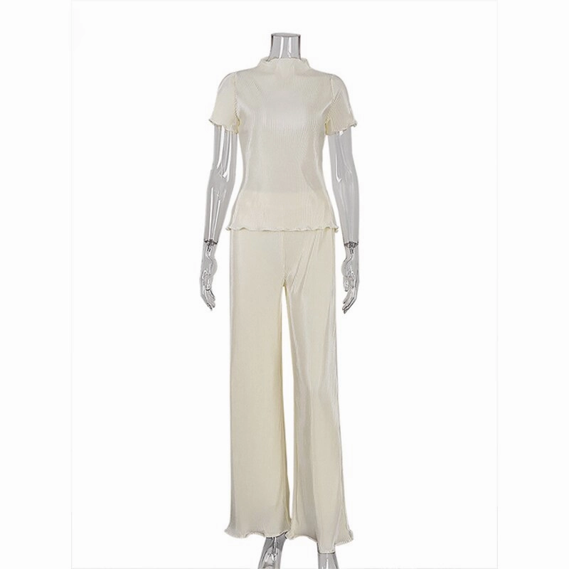 KittenAlarm - Mojoyce New French Pleated Women's Set Slim T-Shirt High Waist Wide Leg Pants Set Ladies Blue Elegant Suit Casual Summer