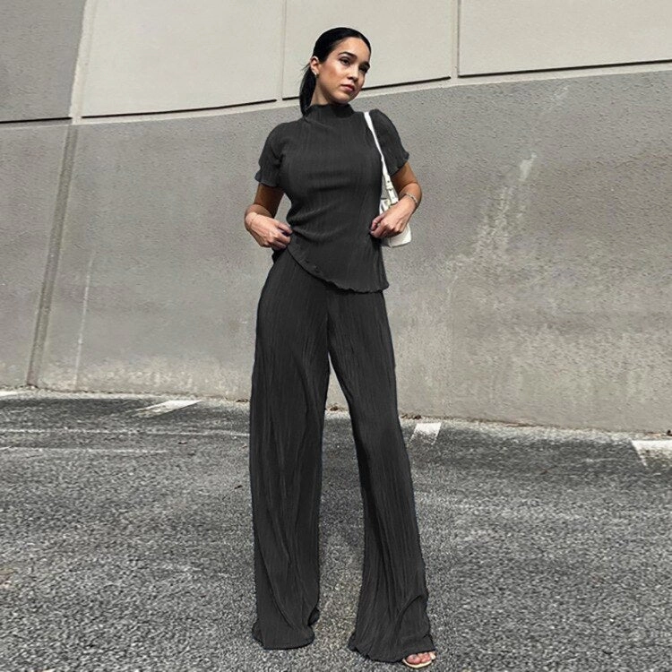 KittenAlarm - Mojoyce New French Pleated Women's Set Slim T-Shirt High Waist Wide Leg Pants Set Ladies Blue Elegant Suit Casual Summer