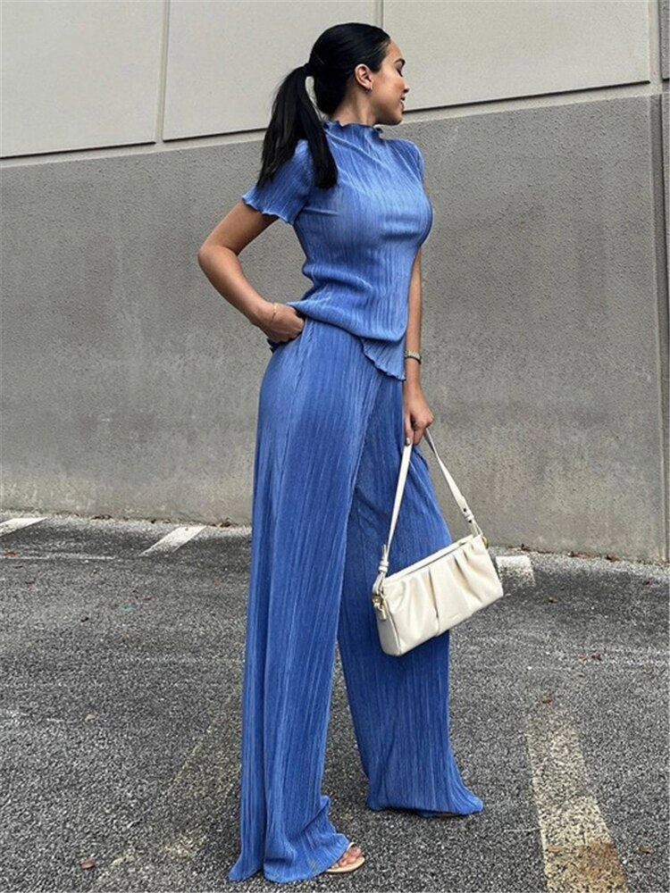 KittenAlarm - Mojoyce New French Pleated Women's Set Slim T-Shirt High Waist Wide Leg Pants Set Ladies Blue Elegant Suit Casual Summer