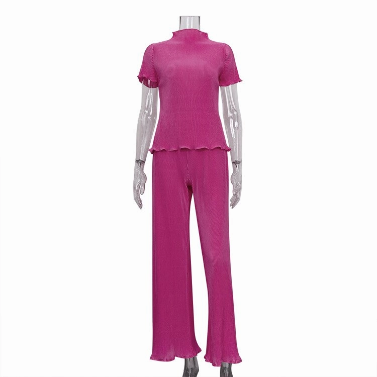 KittenAlarm - Mojoyce New French Pleated Women's Set Slim T-Shirt High Waist Wide Leg Pants Set Ladies Blue Elegant Suit Casual Summer