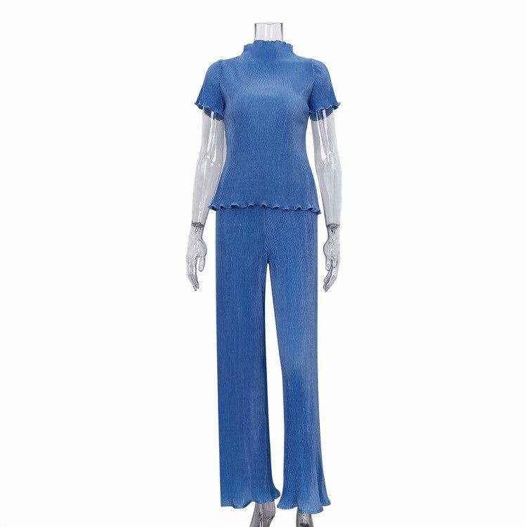 KittenAlarm - Mojoyce New French Pleated Women's Set Slim T-Shirt High Waist Wide Leg Pants Set Ladies Blue Elegant Suit Casual Summer