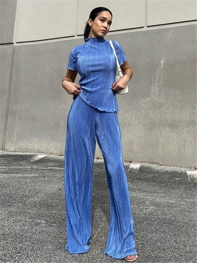 KittenAlarm - Mojoyce New French Pleated Women's Set Slim T-Shirt High Waist Wide Leg Pants Set Ladies Blue Elegant Suit Casual Summer