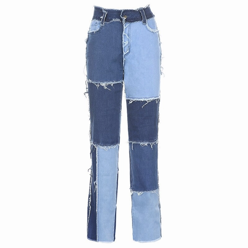 KittenAlarm - Mojoyce Patchwork Women's Jeans Bicolor Straight Leg Casual Long Pants High Waist Denim Jeans Y2K Fashion Pencil Trousers XXL