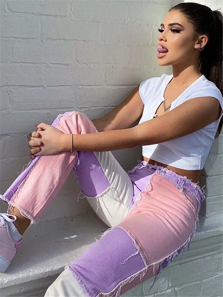 KittenAlarm - Mojoyce Patchwork Women's Jeans Bicolor Straight Leg Casual Long Pants High Waist Denim Jeans Y2K Fashion Pencil Trousers XXL