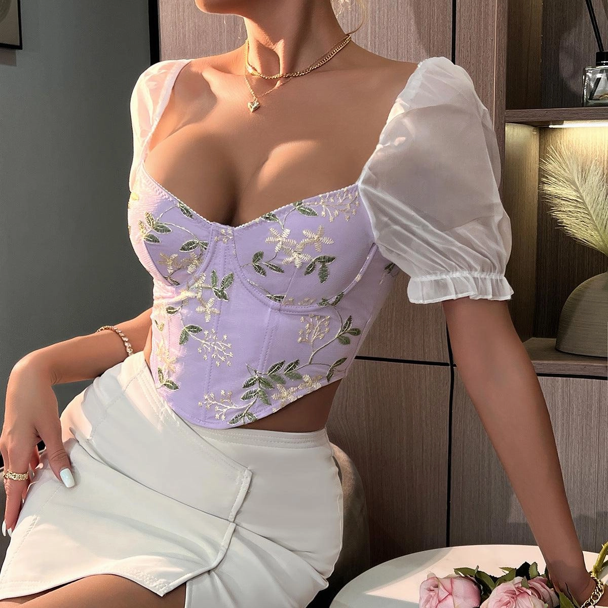 KittenAlarm - Myra V-Neck Floral Print Bustier Top