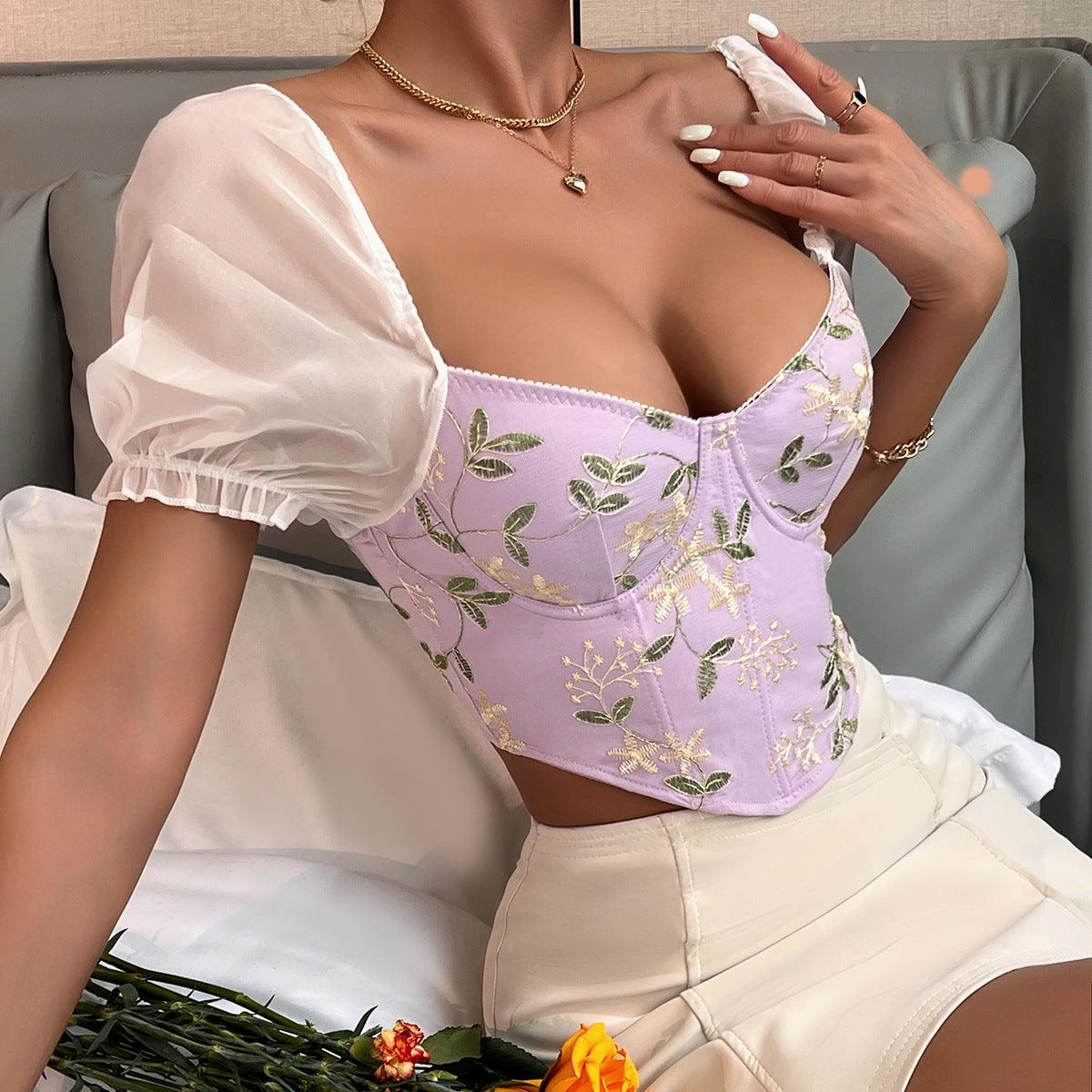 KittenAlarm - Myra V-Neck Floral Print Bustier Top