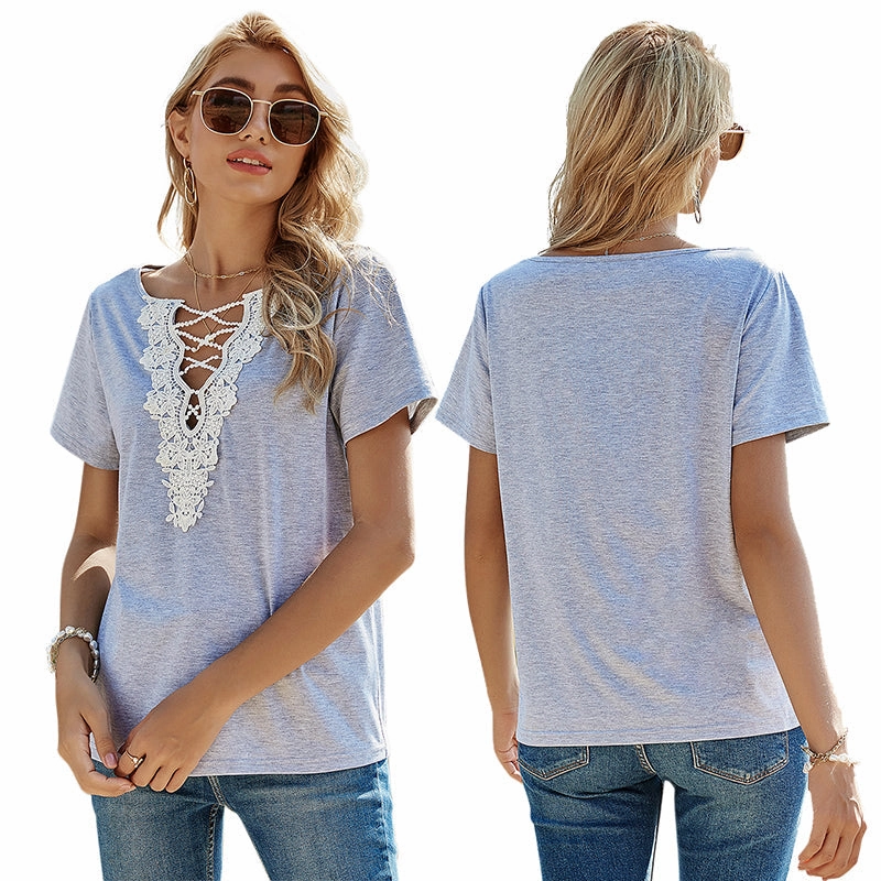 KittenAlarm - New Women's Slim Fit Solid Color Pullover Loose Lace V-neck Short-sleeved T-shirt