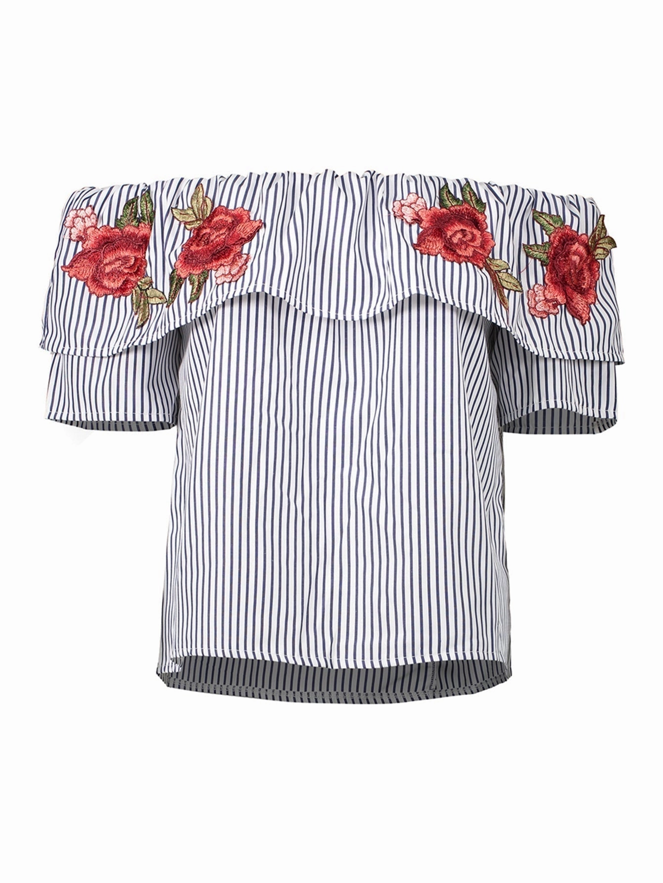 KittenAlarm - Off shoulder embroidered rose STRIPE T-shirt