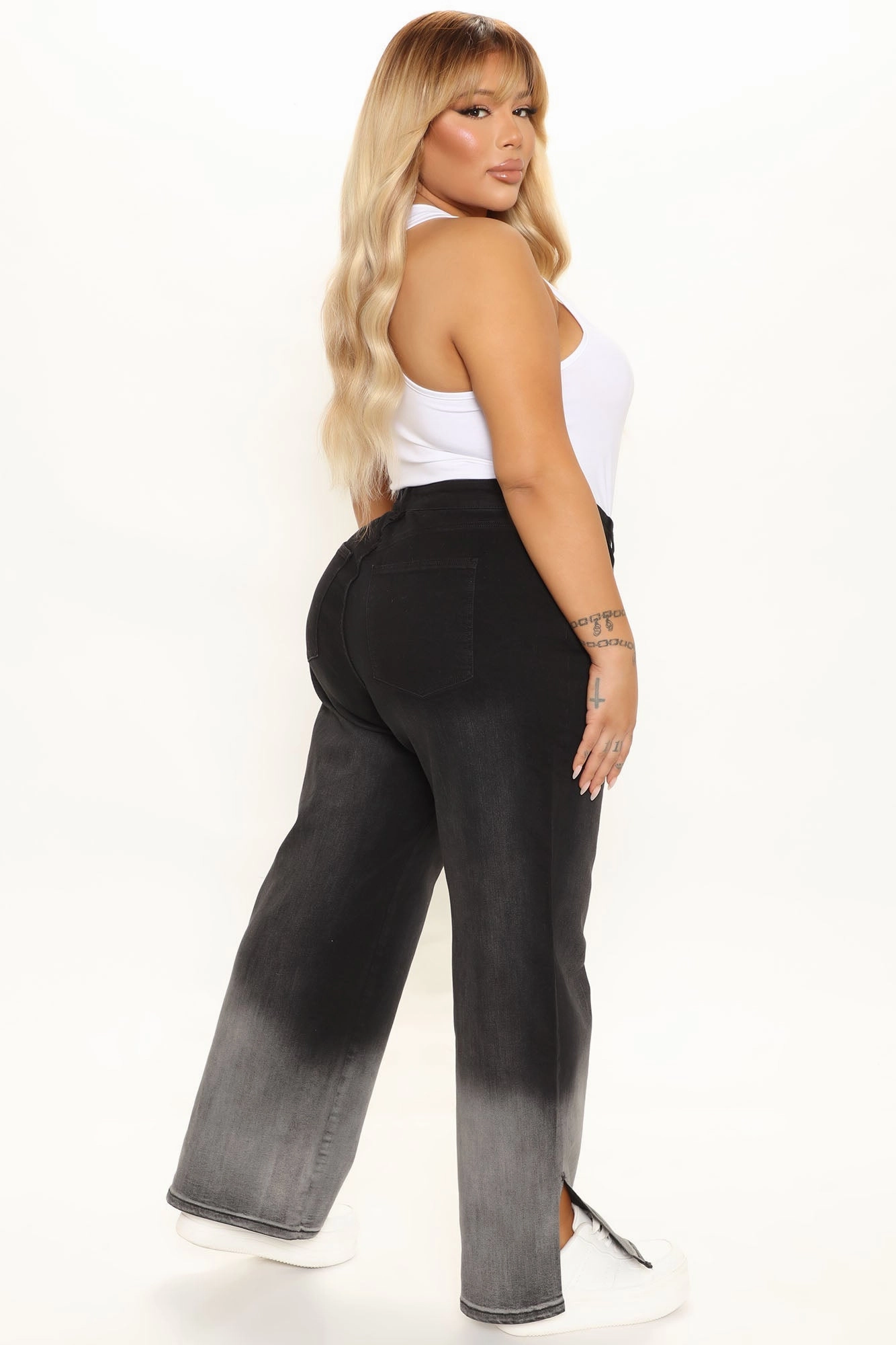 KittenAlarm - Ombre All Day Slit Hem Wide Leg Jeans - Black