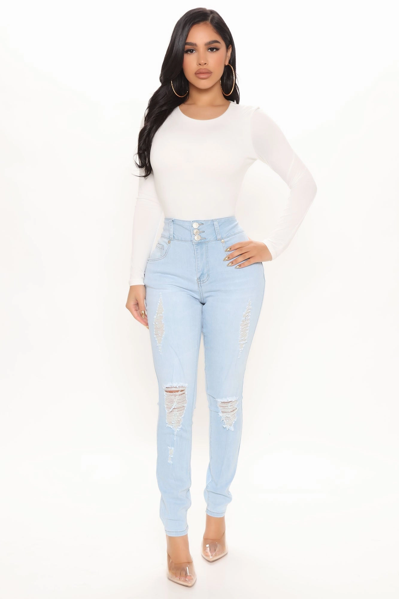 KittenAlarm - On Edge Ripped Skinny Jeans - Light Blue Wash