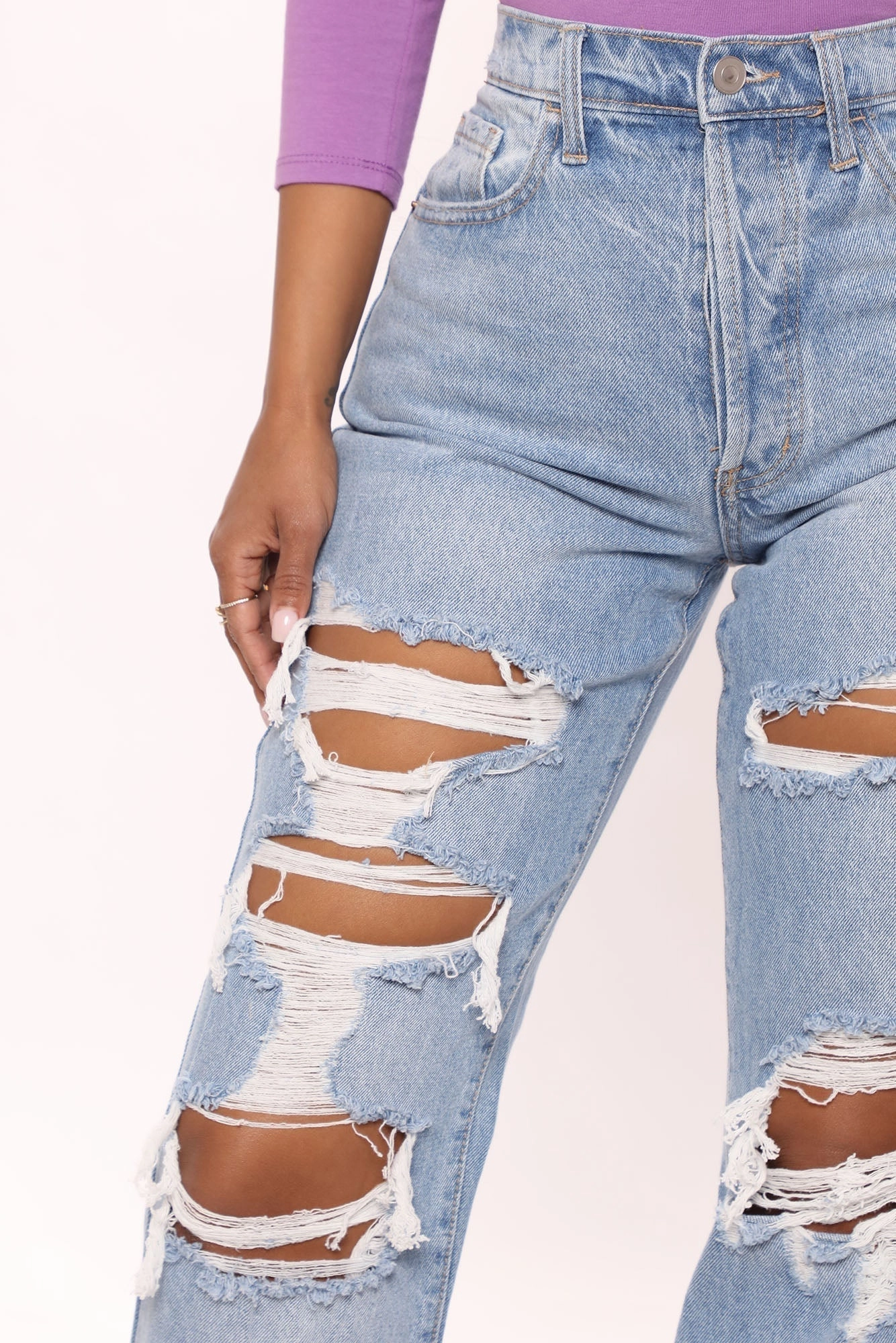 KittenAlarm - One More Time Ripped Baggy Jeans - Medium Blue Wash