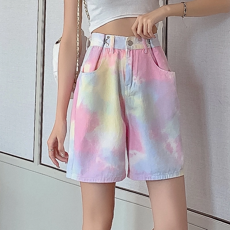 KittenAlarm - Pink Tie Dye Wide Leg Shorts Jeans