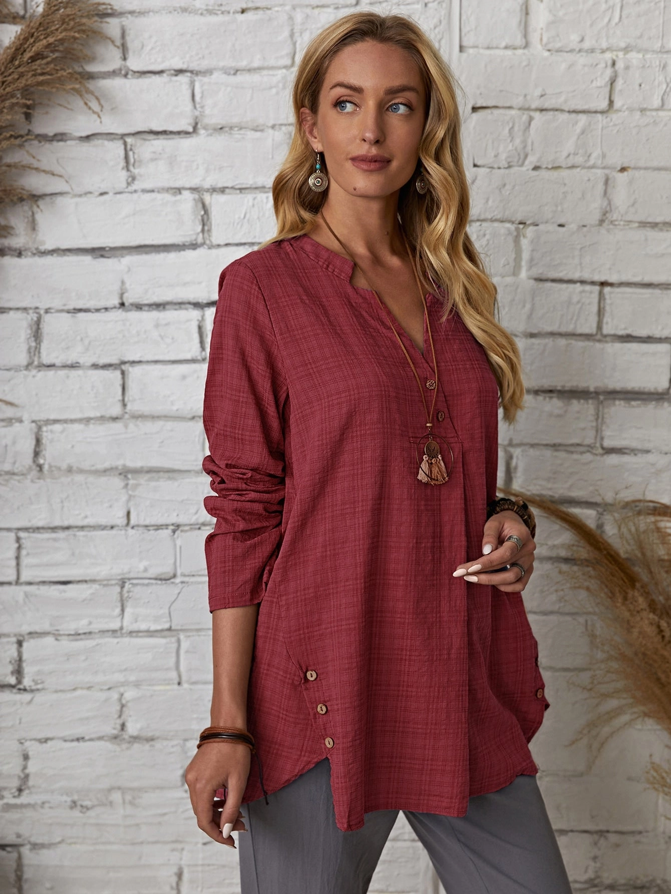 KittenAlarm - Plaid Notch Neck Blouse