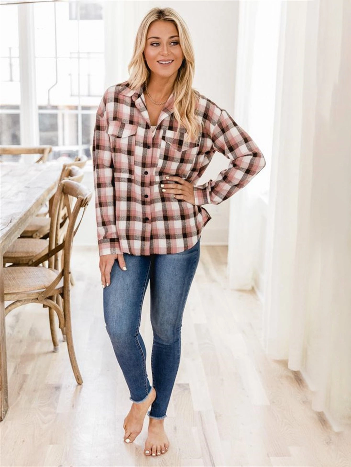 KittenAlarm - Plaid Print Drop Shoulder Blouse