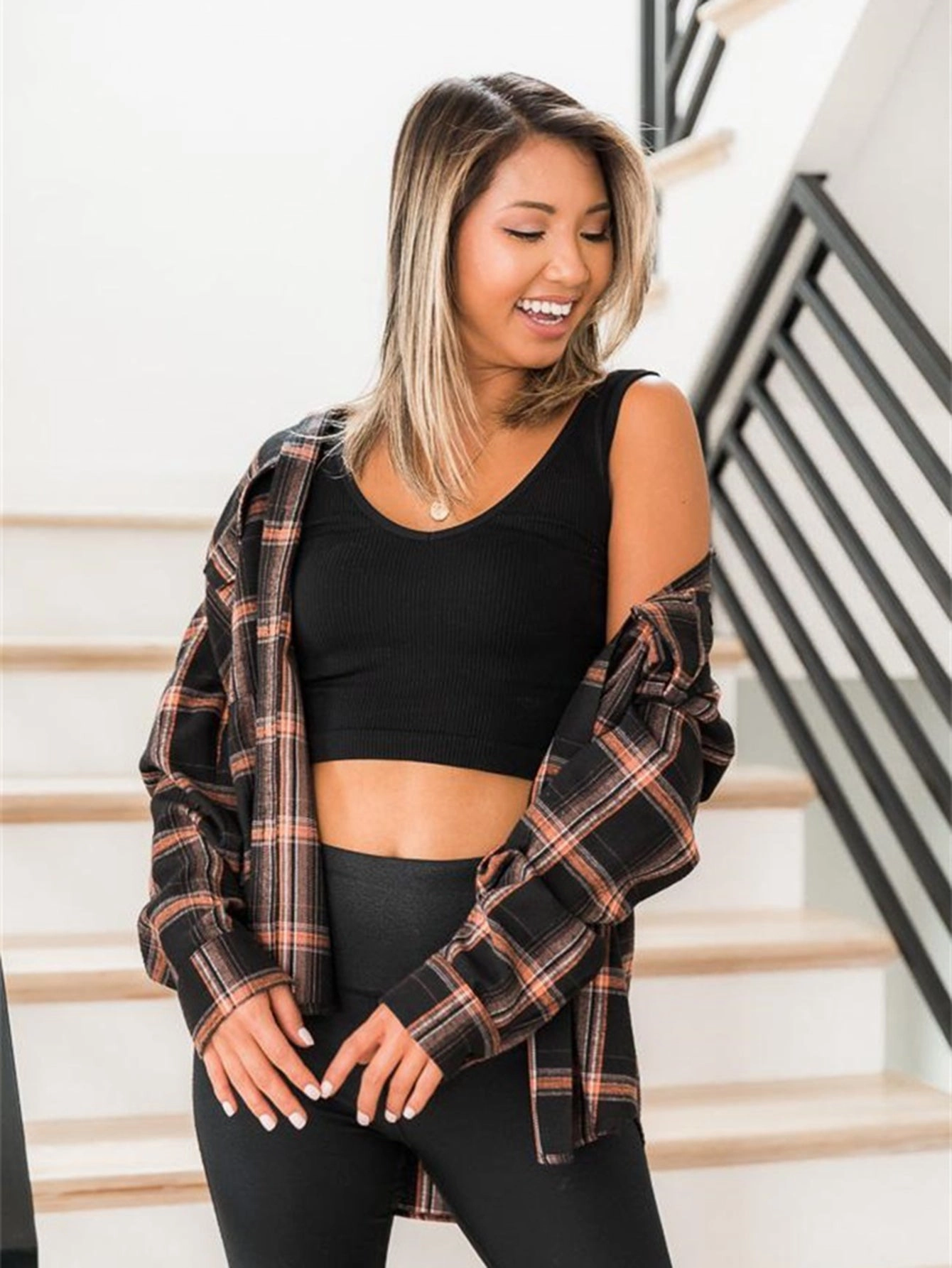 KittenAlarm - Plaid Print Drop Shoulder Blouse