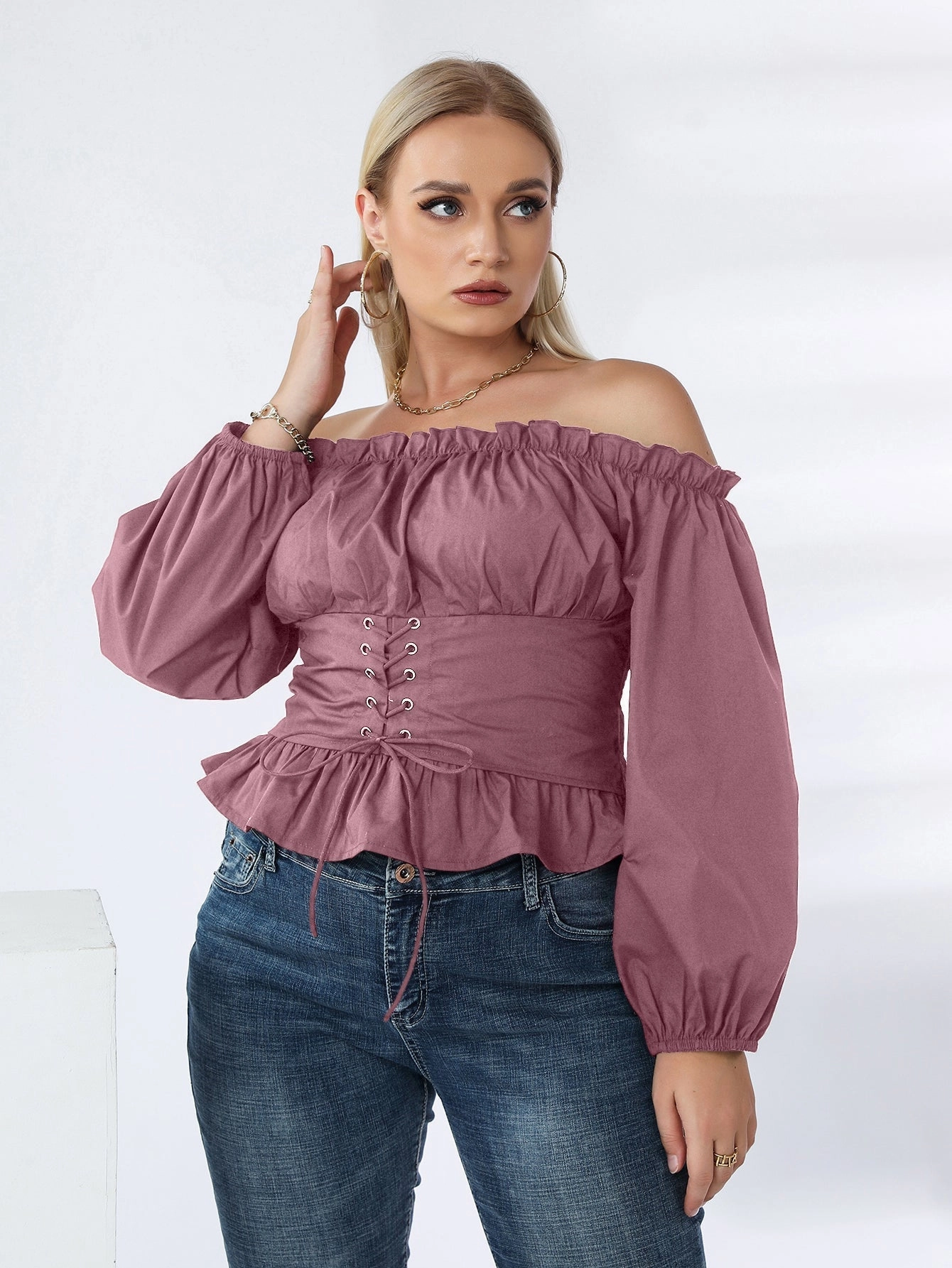 KittenAlarm - Plus Off Shoulder Lace Up Ruffle Hem Peplum Blouse