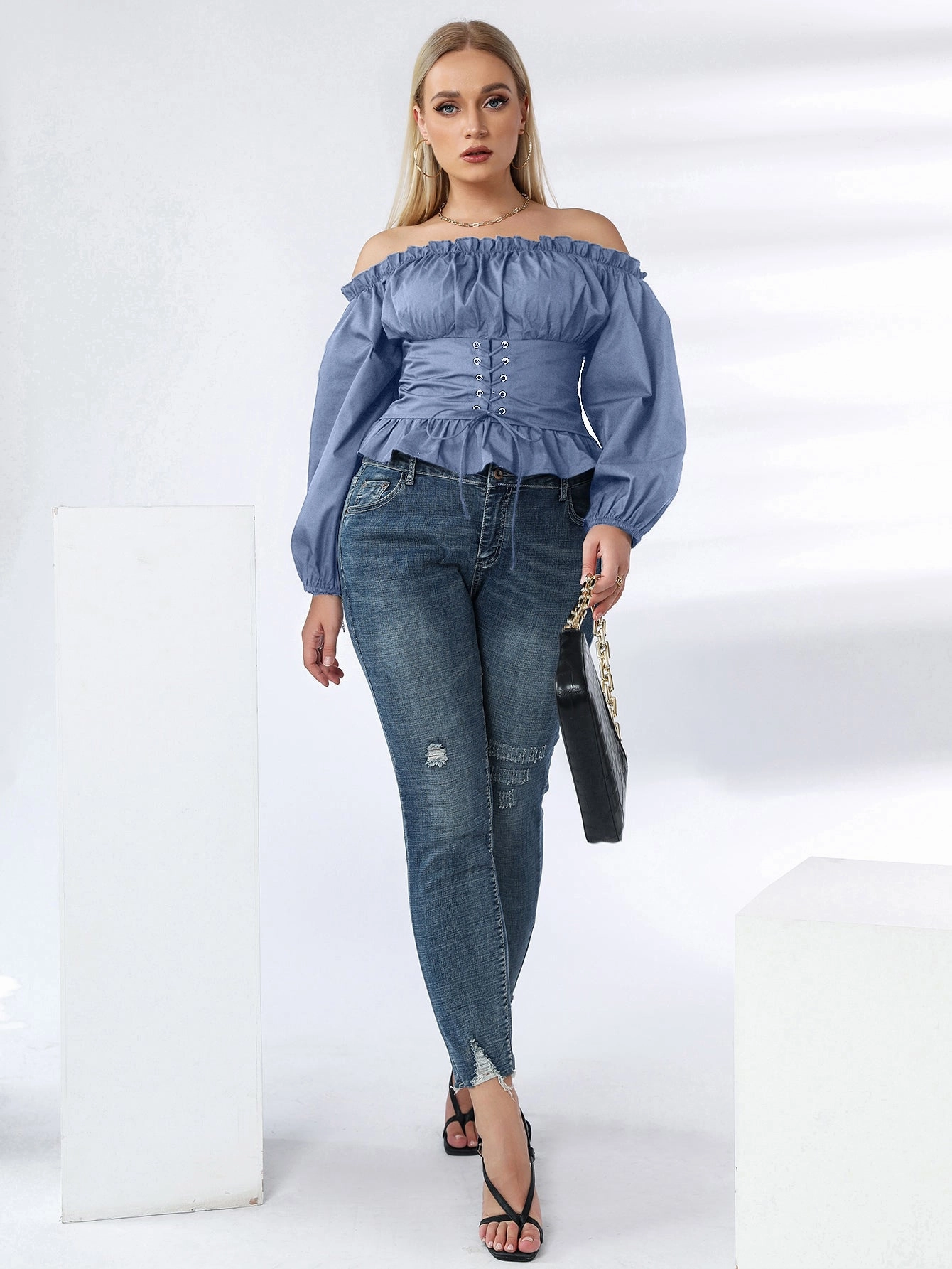 KittenAlarm - Plus Off Shoulder Lace Up Ruffle Hem Peplum Blouse