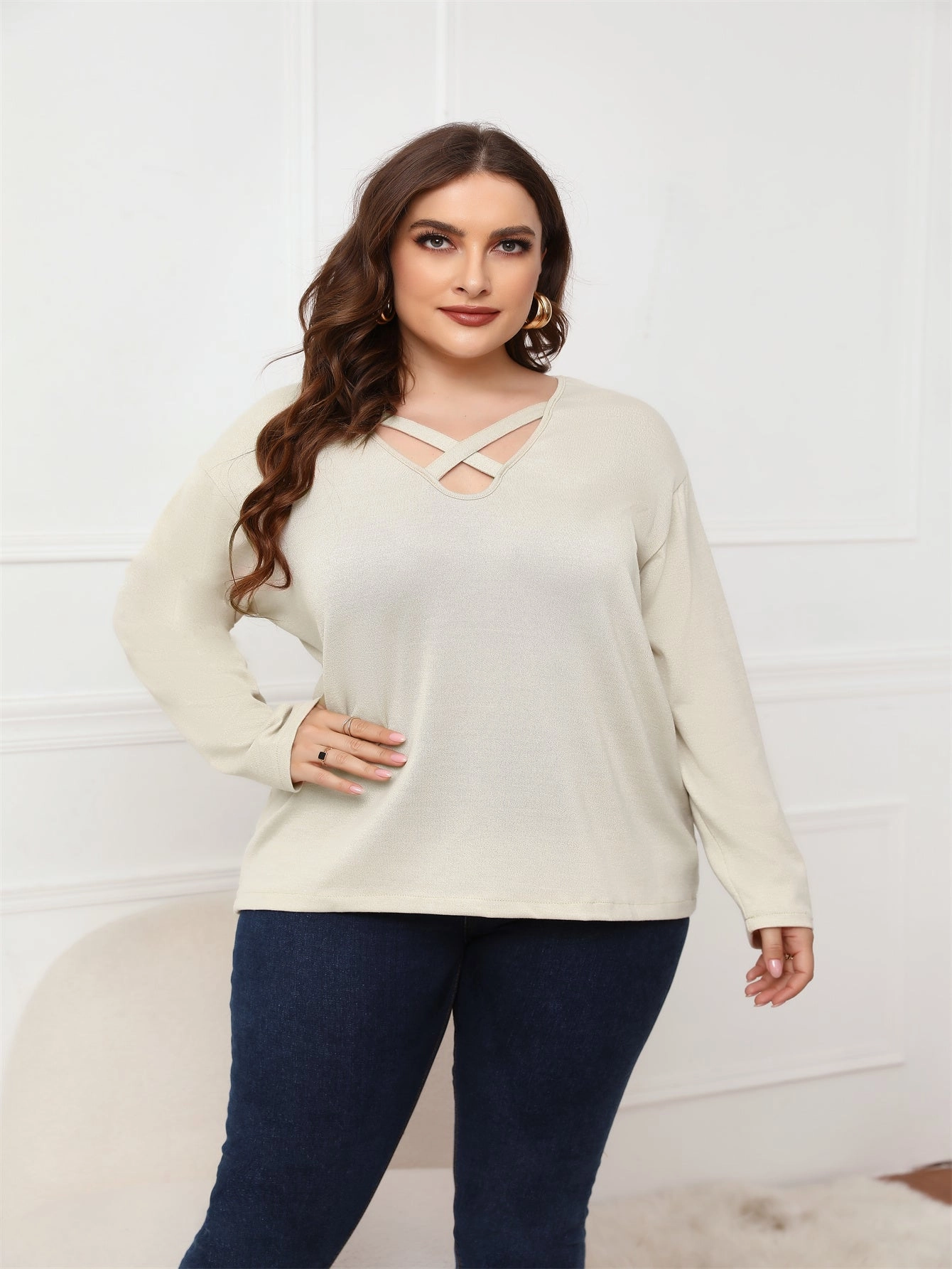 KittenAlarm - Plus Size Long Sleeve Crisscross Neck Top Blouse