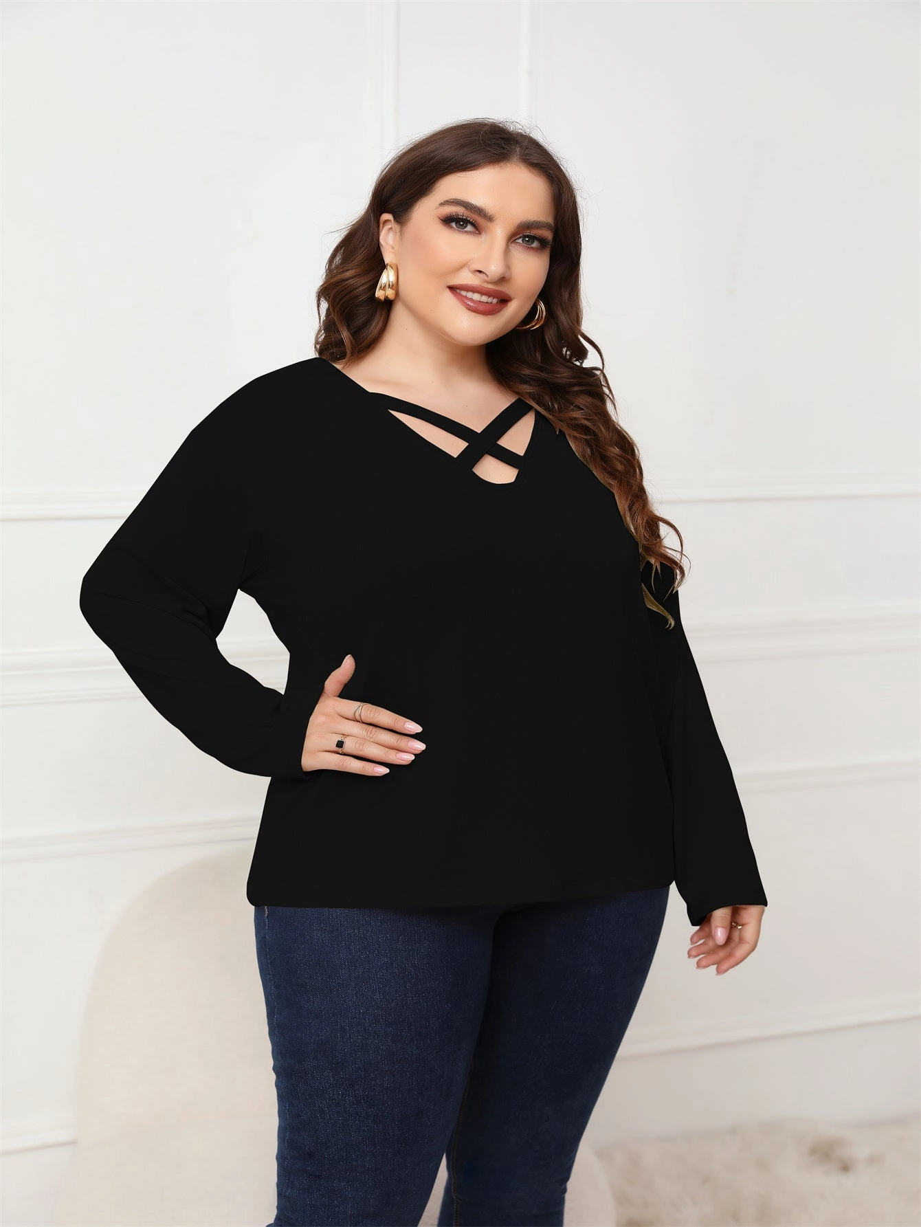 KittenAlarm - Plus Size Long Sleeve Crisscross Neck Top Blouse