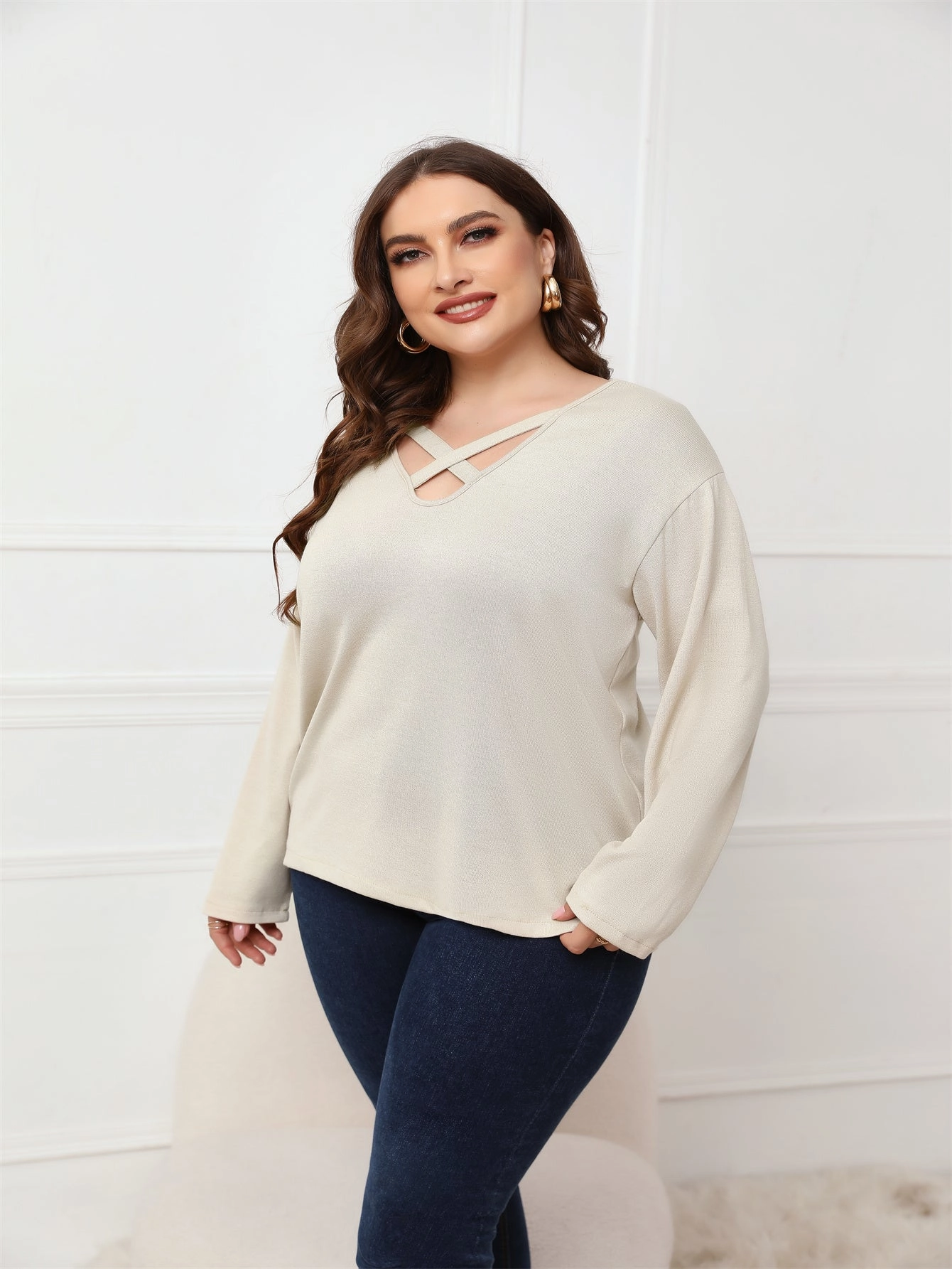 KittenAlarm - Plus Size Long Sleeve Crisscross Neck Top Blouse