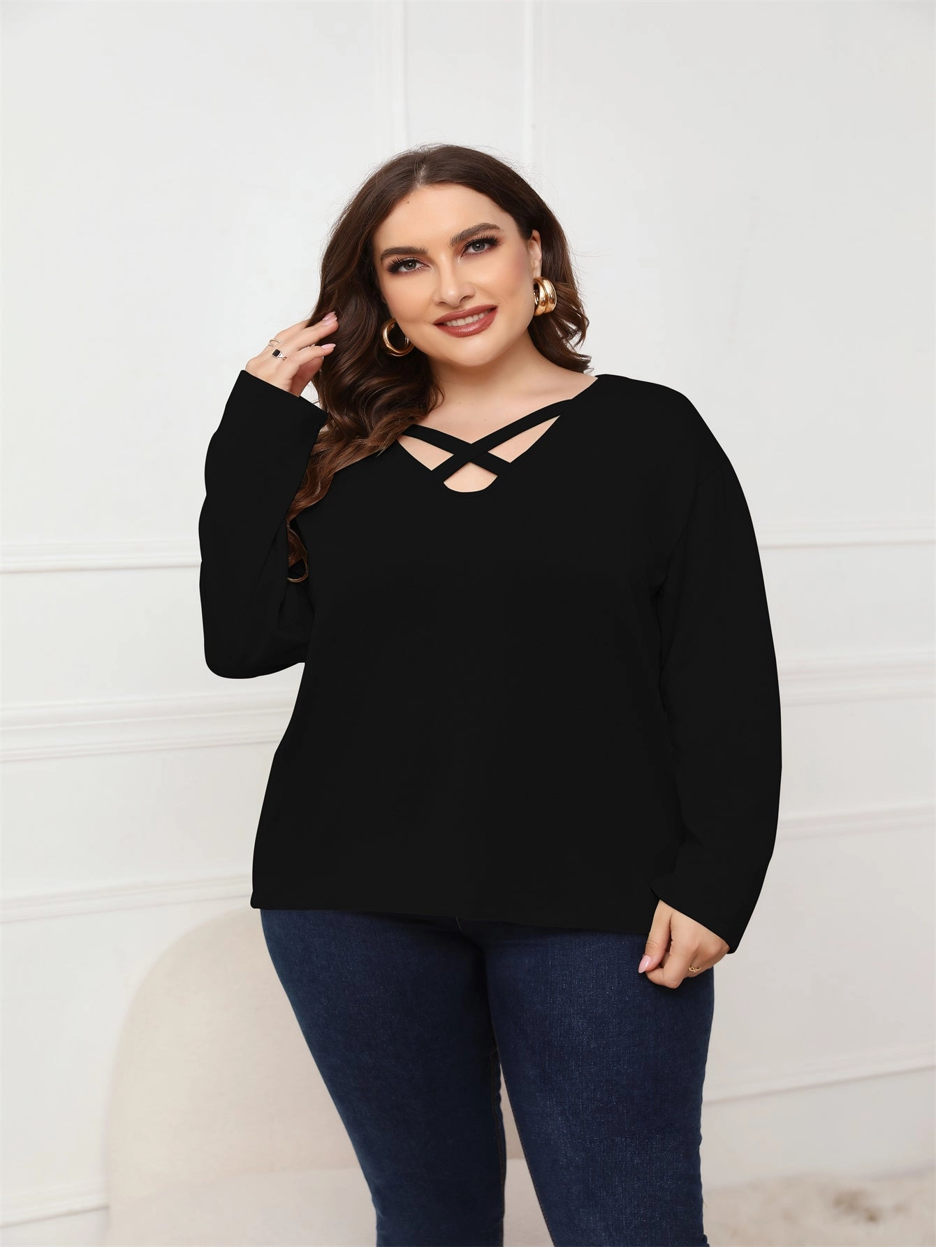 KittenAlarm - Plus Size Long Sleeve Crisscross Neck Top Blouse