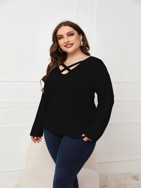 KittenAlarm - Plus Size Long Sleeve Crisscross Neck Top Blouse