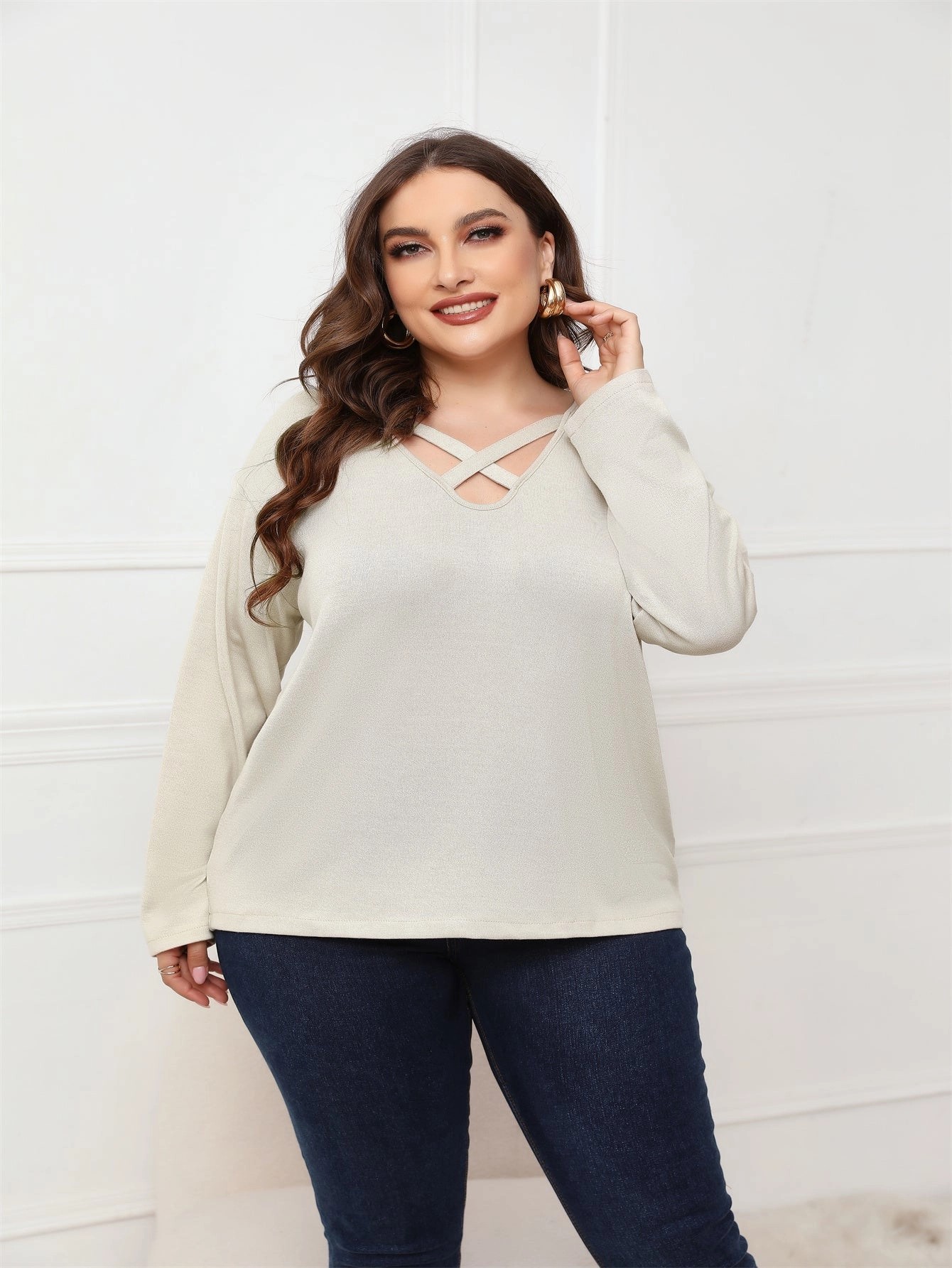 KittenAlarm - Plus Size Long Sleeve Crisscross Neck Top Blouse